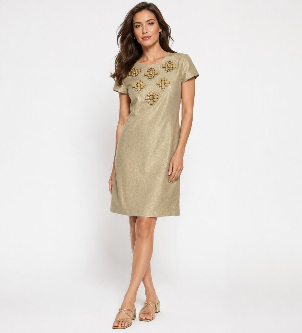 KARTA Shift Dress Gold Metallic Chunky Beads Short Medium Party Glam